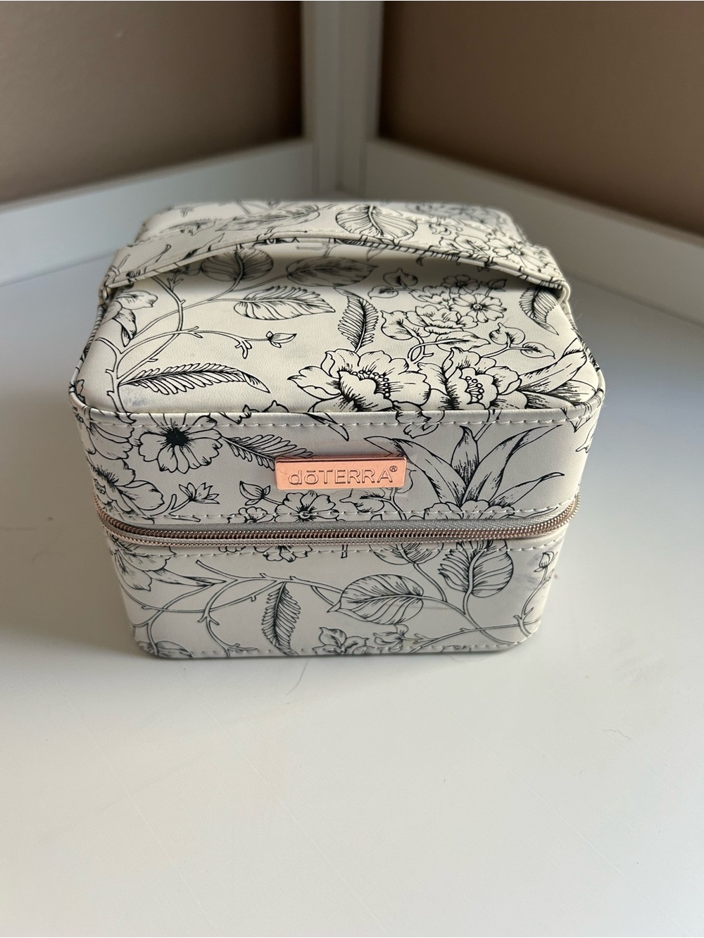 Doterra Cream Floral Travel Case with Black Botanical Print